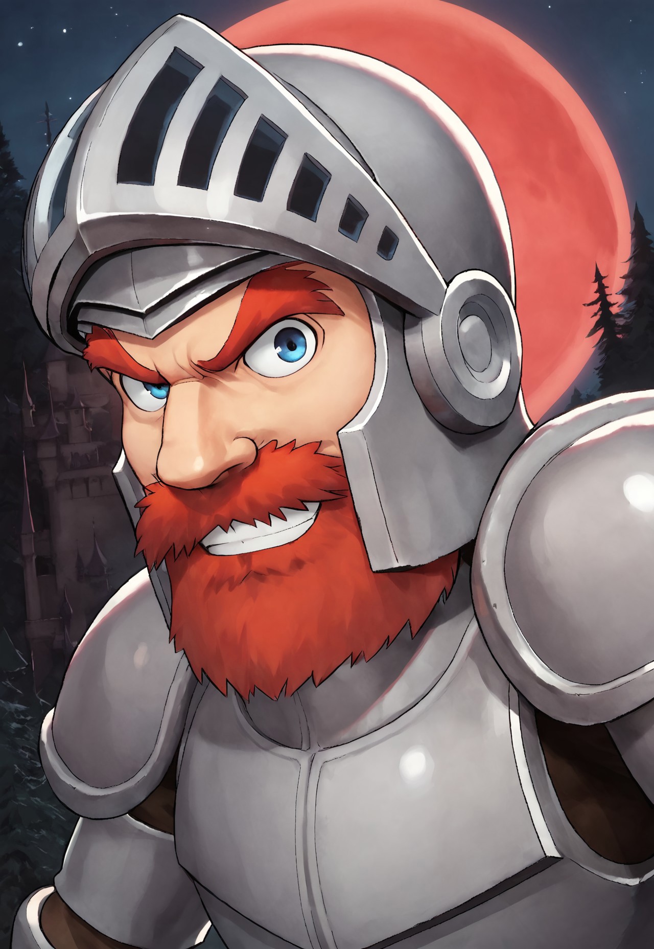 score_9, score_8_up, SirArthur, red hair, beard, mustache, blue eyes, armor, helmet, pauldrons, looking at viewer, smile, upper body, dynamic pose, night, dark forest, red moon, castle in the background, dutch angle, detailed background,
