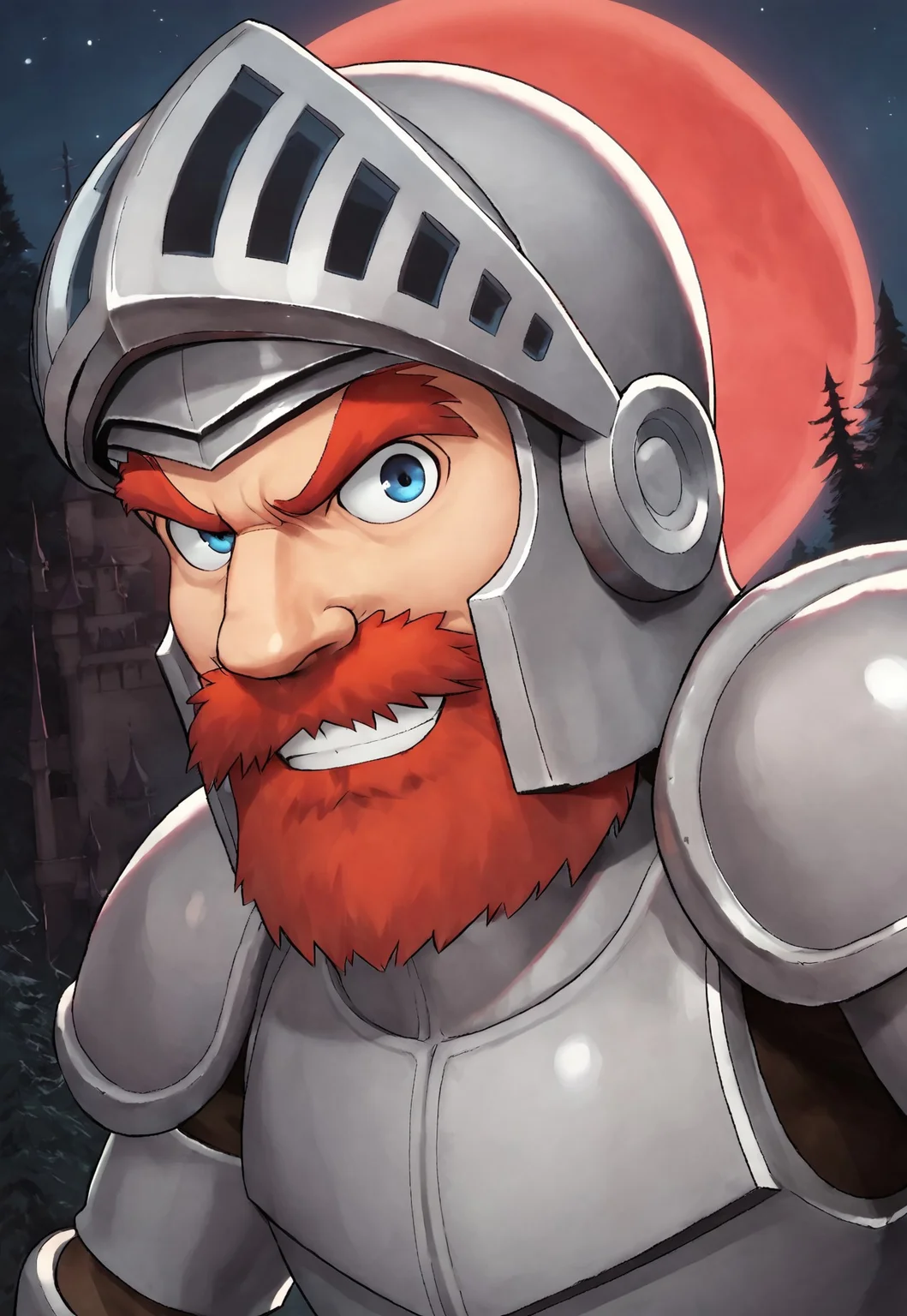 score_9, score_8_up, SirArthur, red hair, beard, mustache, blue eyes, armor, helmet, pauldrons, looking at viewer, smile, upper body, dynamic pose, night, dark forest, red moon, castle in the background, dutch angle, detailed background,