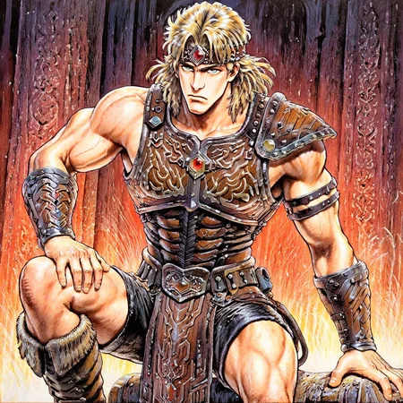 masterpiece, best quality, amazing quality, cyb88, traditional media, SIMOIL, 1boy, male focus, muscular, toned male, blue eyes, leather armor, (leather headband, red gem on headband), breastplate, leather shorts, stylized loincloth, one pauldron, vambraces, medium hair, blonde hair, boots, leather tassets