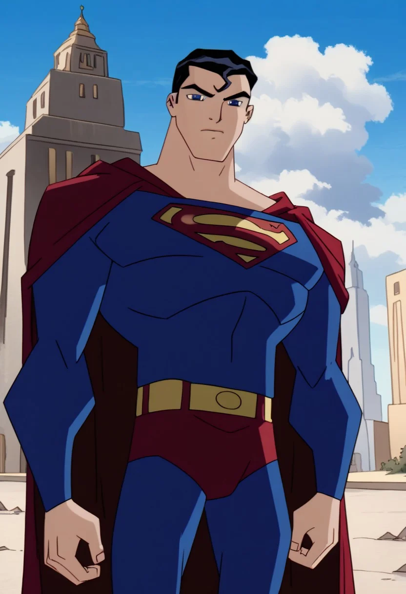 Score_9_up, score_8_up, score_7_up, best quality, highly detailed, ultra high quality, masterpiece, high res, 1boy, solo, Superman, Super Black Hair, Blue Eyes, Red Cape, Blue Body Suit, Muscular, Muscular Male, Pectorals, Superhero, ((looking at viewer)), cowboy shot, outdoors, clouds, day, blue sky background, closed mouth