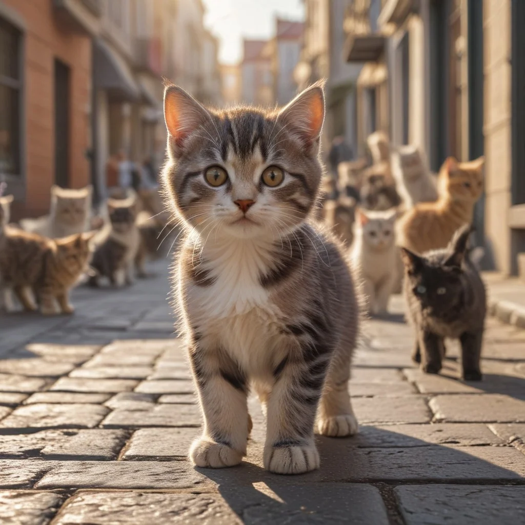 Photograph of a kitten going to a demonstration in the street, surrounded by cats, sunny, realistic style, 8K, canon 5D, 50mm lens, 1.2, very detailed, realistic rendering, full body, natural lighting, photography, no defects, the overall composition is majestic, very beautiful realistic photo
