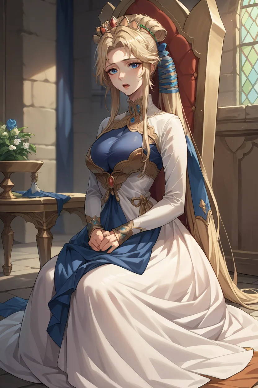 score_9, score_8_up, score_7_up, score_6_up, source_anime, 1girl, solo, <lora:fenyna-pdxl-nvwls-v1-000005:1> fenyna, blonde hair, hair ribbon, crown, white dress, long dress, long sleeves, large breasts, sitting, throne, looking at you, open mouth, medieval castle, indoors
