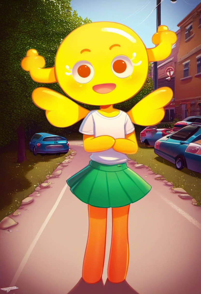zPDXL, zPDXLxxx, score_9, score_8_up, score_7_up, score_6_up, score_5_up, score_4_up, BREAK rating_safe, source_cartoon,  flat color, 2d, <lora:Penny_Fitzgerald_Gumball_for_PonyXL:1>, penny_unshelled, 1girl, solo, open mouth, smile, white t-shirt, green skirt, wings, looking at viewer, colored skin, black eyes, flat chest, yellow skin, neighborhood, street, trees, grass