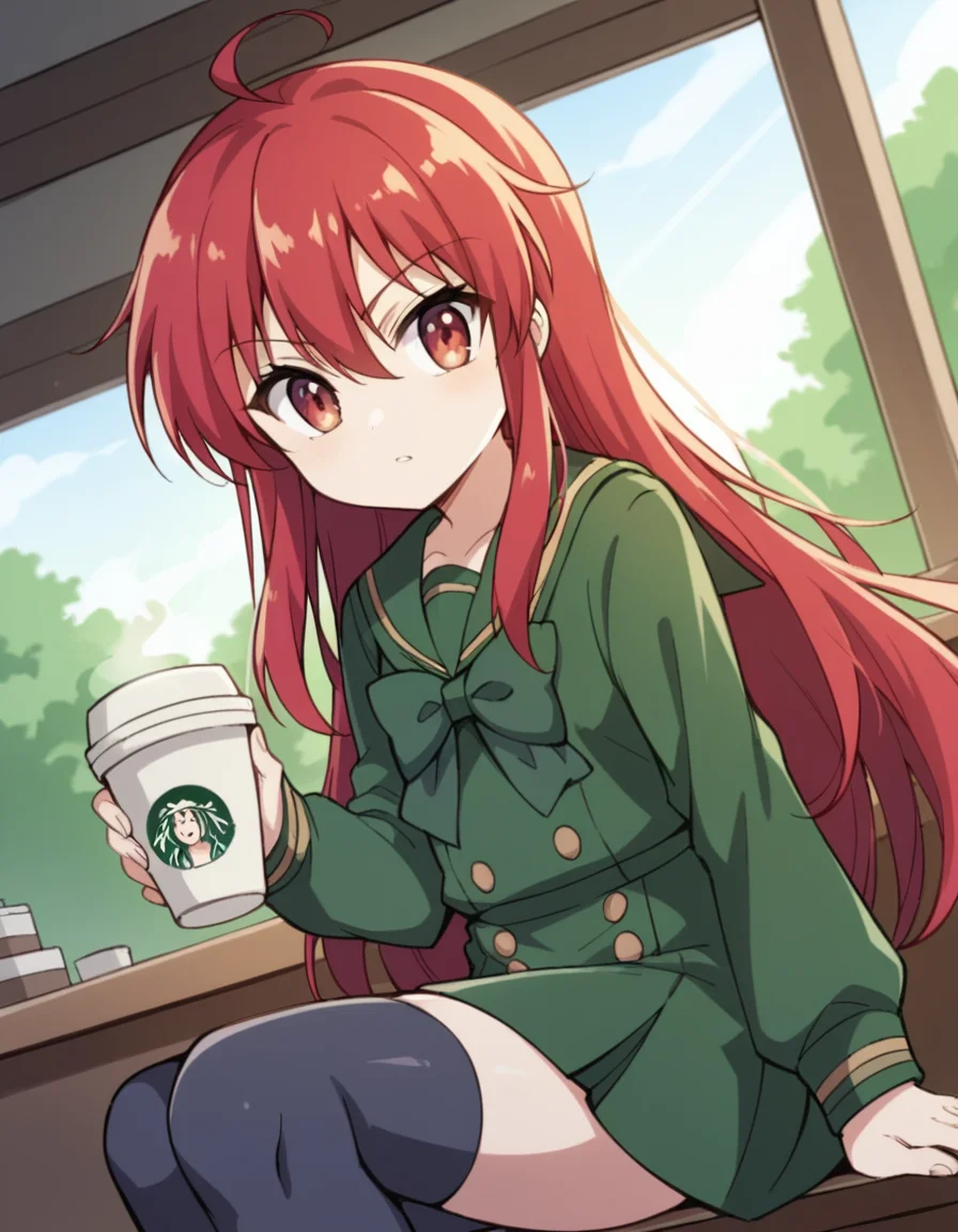 score_9, score_8_up, score_7_up, source_anime, <lora:shakugan-no-shana-s3-ponyxl-lora-nochekaiser:1>, shana, long hair, red hair, red eyes, ahoge, sidelocks,, school uniform, serafuku, green serafuku, bowtie, green bowtie, green shirt, green sailor collar, long sleeves, green skirt, buttons, thighhighs,, cafe, coffee cup, barista, sitting down, talking, relaxing, sunlight through window, , v, v over eyes,, looking at viewer, solo,, dutch angle, cowboy shot