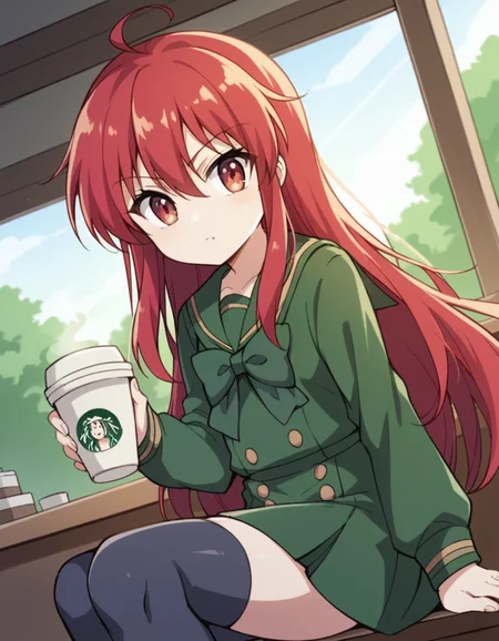 score_9, score_8_up, score_7_up, source_anime, <lora:shakugan-no-shana-s3-ponyxl-lora-nochekaiser:1>, shana, long hair, red hair, red eyes, ahoge, sidelocks,, school uniform, serafuku, green serafuku, bowtie, green bowtie, green shirt, green sailor collar, long sleeves, green skirt, buttons, thighhighs,, cafe, coffee cup, barista, sitting down, talking, relaxing, sunlight through window, , v, v over eyes,, looking at viewer, solo,, dutch angle, cowboy shot