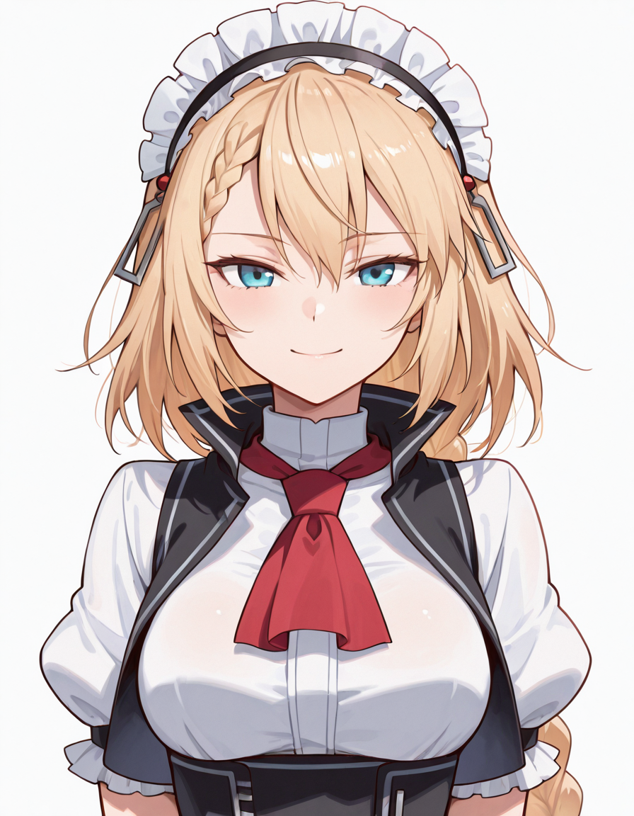 Volumetric Lighting, (masterpiece), (best quality), (ultra-detailed), masterpiece, source_anime, score_9, score_8_up, score_7_up BREAK, illustration, disheveled hair, detailed eyes, perfect composition, moist skin, intricate details, detailed eyes, detailed face, detailed fingers BREAK, G36,blonde hair, blue eyes, braided bangs, braided ponytail,very long braid BREAK, G36def,def_dress, def_corset, def_maid_headdress, def_ascot, def_vest, BREAK, looking at viewer, simple background, white background, medium breasts, upper body, smile, face focused