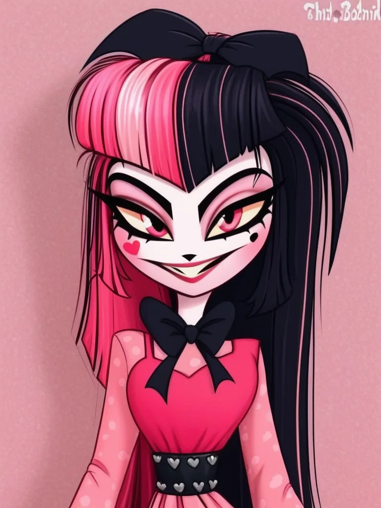 1 girl, 1 person, solo, <lora:HelHazbinV2:1> hellhazbin , <lora:Draculora:1> draculaura, streaked hair, pink hair, black hair, two-tone hair, pink eyes,