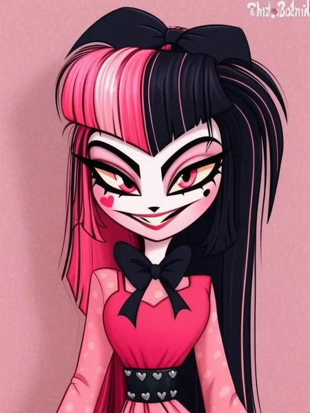1 girl, 1 person, solo, <lora:HelHazbinV2:1> hellhazbin , <lora:Draculora:1> draculaura, streaked hair, pink hair, black hair, two-tone hair, pink eyes,