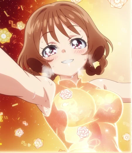 score 9, score 8 up, score 7 up, detailed background, shiny skin,
<lora:cureyumyum.pony:1>,
hanaran, transform,
half-closed eyes, seductive smile, heavy blush, heavy breathing, sweat,
large breasts, wide hips,