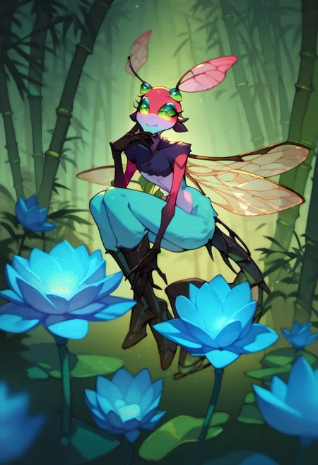 score_9, score_8_up, score_7_up, score_6_up, dark faerie, flying at night, beautiful face with insect eyes, heavy black boots, highly detailed, blue lotus blossom, bamboo, insect wings, monster boy, cyan and magenta, colored skin, soft fur