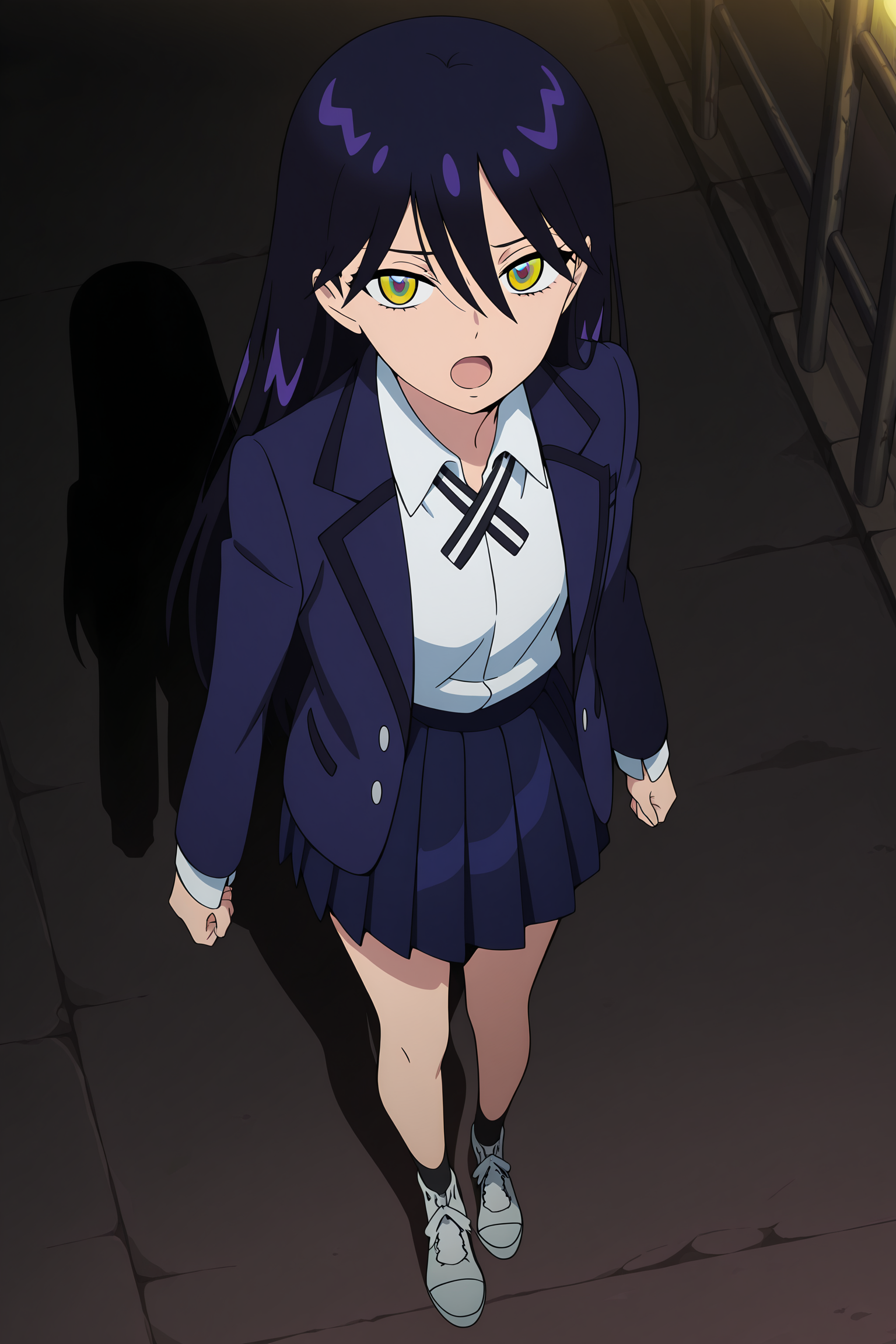 volumetric lighting, official style, amazing quality, ultra detailed, highres, detailed background, anime screenshot, anime screencap, anime coloring, masterpiece, detailed face,1girl   <lora:Nyann___:0.9>Nyann, skirt, solo, long hair, school uniform, open mouth, multicolored eyes, shoes, jacket, shadow, pleated skirt, dark purple hair, shirt, white shirt, blue skirt, looking at viewer, hair between eyes, ribbon, full body, socks, collared shirt, neck ribbon, from above