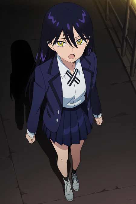 volumetric lighting, official style, amazing quality, ultra detailed, highres, detailed background, anime screenshot, anime screencap, anime coloring, masterpiece, detailed face,1girl   <lora:Nyann___:0.9>Nyann, skirt, solo, long hair, school uniform, open mouth, multicolored eyes, shoes, jacket, shadow, pleated skirt, dark purple hair, shirt, white shirt, blue skirt, looking at viewer, hair between eyes, ribbon, full body, socks, collared shirt, neck ribbon, from above