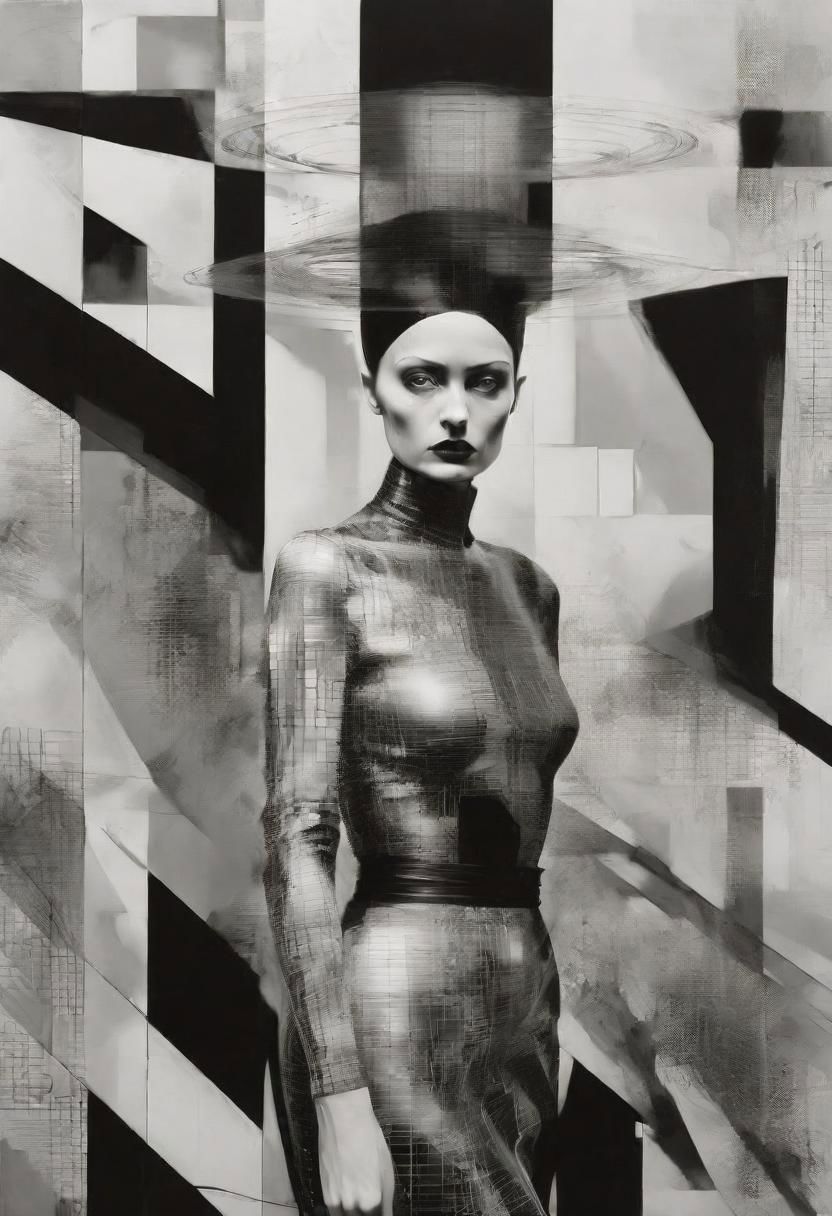 Monochrome black and white, Dali, Magritte, Delvaux, Bellmer, Malevitch, Rodchenko, Mondrian, Kandinsky, Popovna, psychedelic hallucination, pop surrealism, rough crosshatch drawing pop art Lunatic_Portrait of a young woman in latex Avant-garde Fashion page, slick back, low bun, black makeup, sinister expression, intense glare, avant-garde, abstract, weird, geometric, constructivism, suprematism, rayonism, verticism, lineism, tj