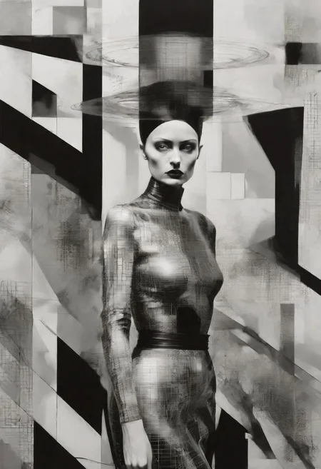 Monochrome black and white, Dali, Magritte, Delvaux, Bellmer, Malevitch, Rodchenko, Mondrian, Kandinsky, Popovna, psychedelic hallucination, pop surrealism, rough crosshatch drawing pop art Lunatic_Portrait of a young woman in latex Avant-garde Fashion page, slick back, low bun, black makeup, sinister expression, intense glare, avant-garde, abstract, weird, geometric, constructivism, suprematism, rayonism, verticism, lineism, tj