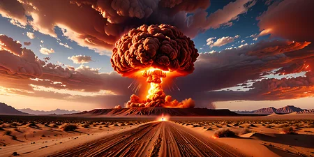 an atomic explosion turns the sky red in sandy desert <lora:add-detail-xl:3> 8k, masterpiece, dramatic lighting