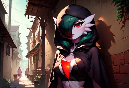 (((gardevoir))), solo, female, furry, ((very pale skin)), (score_9, score_8_up, score_7_up), 20 year old, 1girl,  beautiful,  hyperdetailed, hyperrealistic, 8k, best quality, high quality, natural lighting, intricate, soft warm lighting,  slim body, slim waist, 
red eyes, short green hair,
(perfect hands), (perfect fingers) , 
perfect legs, 
alleyway, (((black hood))), (((black cloak))), (((hood up))), green clothes under cloak,
smooth,