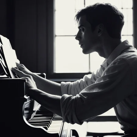 score_9, score_8_up, score_7_up, score_6_up, flmgr, flmgr, film grain, cinematic, cinematic light, 1boy, male focus, piano, window, solo, instrument, backlighting, indoors, monochrome, shirt, from side, profile, upper body, short hair, sleeves rolled up, long sleeves, collared shirt, paper, greyscale, blurry, realistic