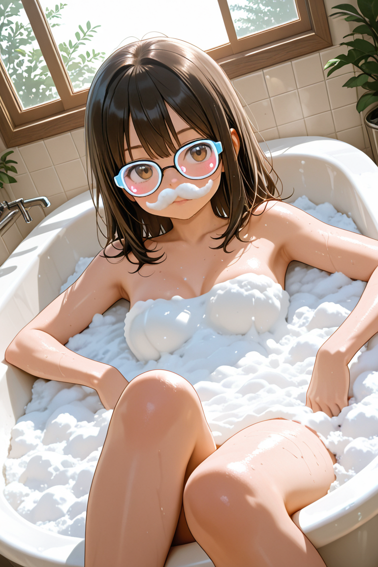 (super detailed), (beautiful background, detailed background),bubble bath, foam mustache, (covered in foam), frosted glasses, take a bath, dutch angle, feet out of frame, (cute girl)