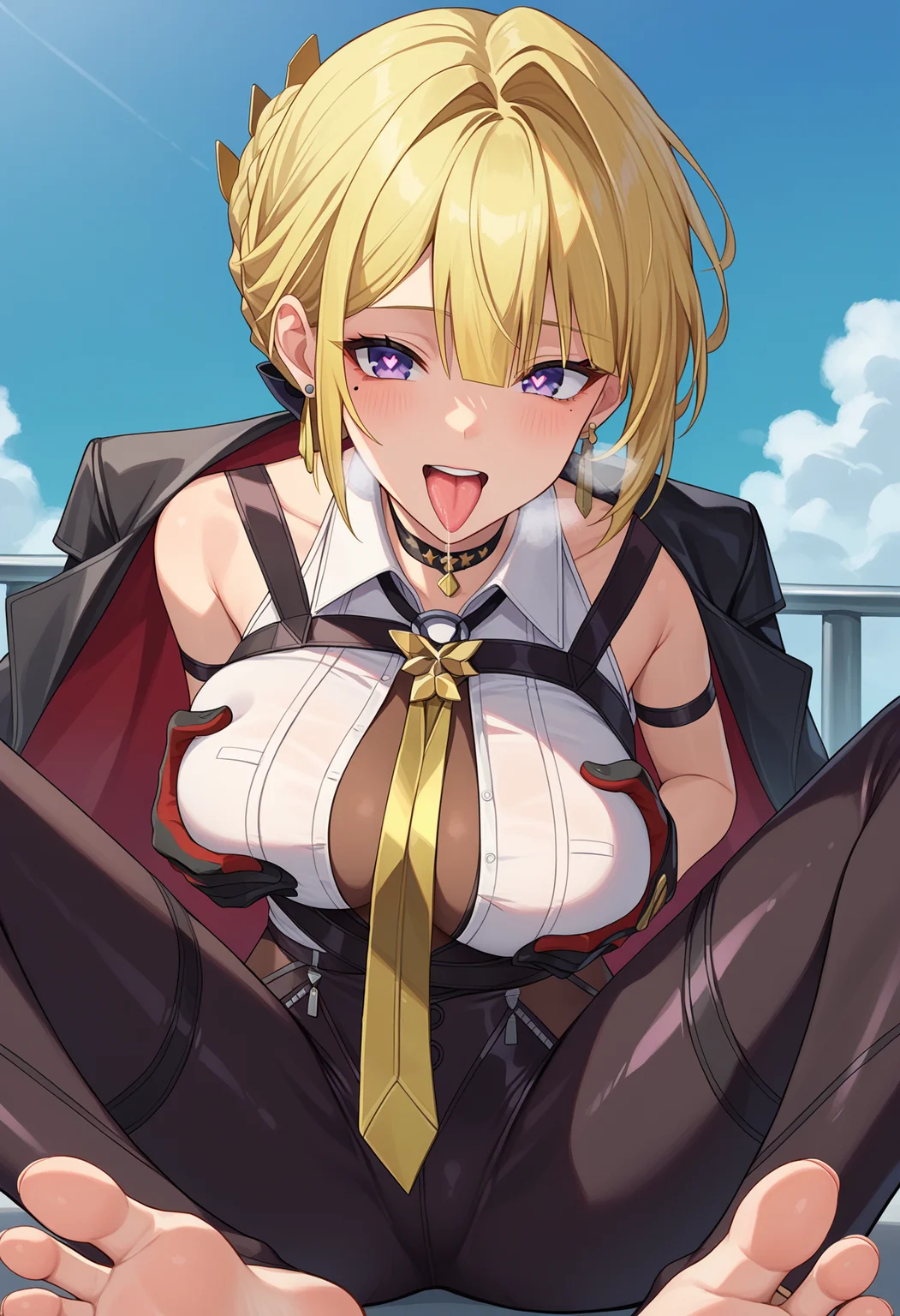 score_9, score_8_up, score_7_up, source_anime,
BREAK
1girl, solo,
<lora:shiEvelynV1:1>
shievezzzstyle,
purple eyes, short hair, blonde hair, braid, sidelocks, hair bun, mole under eye,
large breasts, chest harness, jewelry, earrings, black choker, necktie, black gloves,
white shirt, collared shirt, sleeveless shirt,
black jacket, jacket on shoulders,
bodysuit, black pants, tight clothes, tight pants, leather pants,
looking at viewer, spread legs, feet, soles, heavy breathing, grabbing own breast, tongue out, saliva, heart-shaped pupils, head back, laughing,