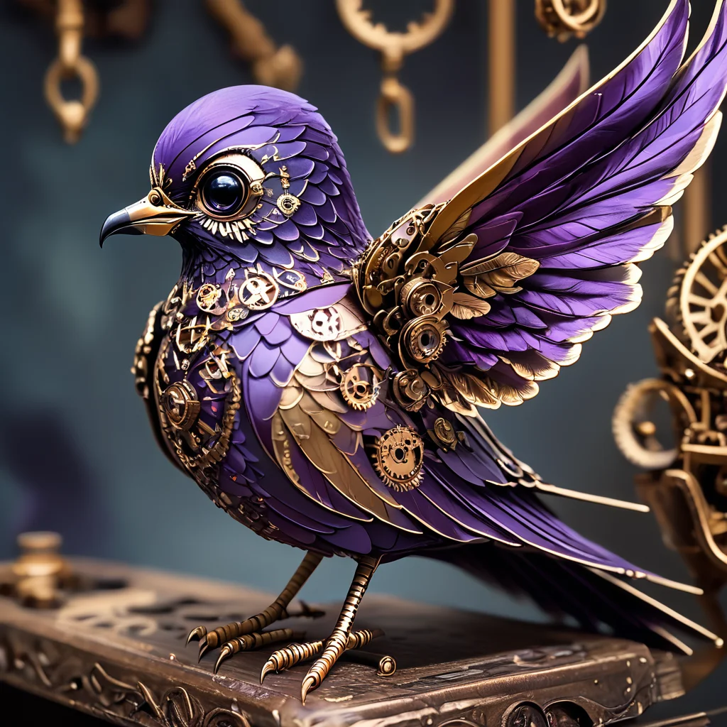 core_9, score_8_up, score_7_up, score_6_up,  <lora:RococoSteampunkPony:1>  ArsMJStyle, Rococo Steampunk, The image shows a black and gold bird with purple wings perched atop a table. The bird is intricately detailed with intricate gears and other mechanical components giving it a unique and eye-catching look., no humans, gears, steampunk, wings, blurry, bird, feathers, blurry background, robot