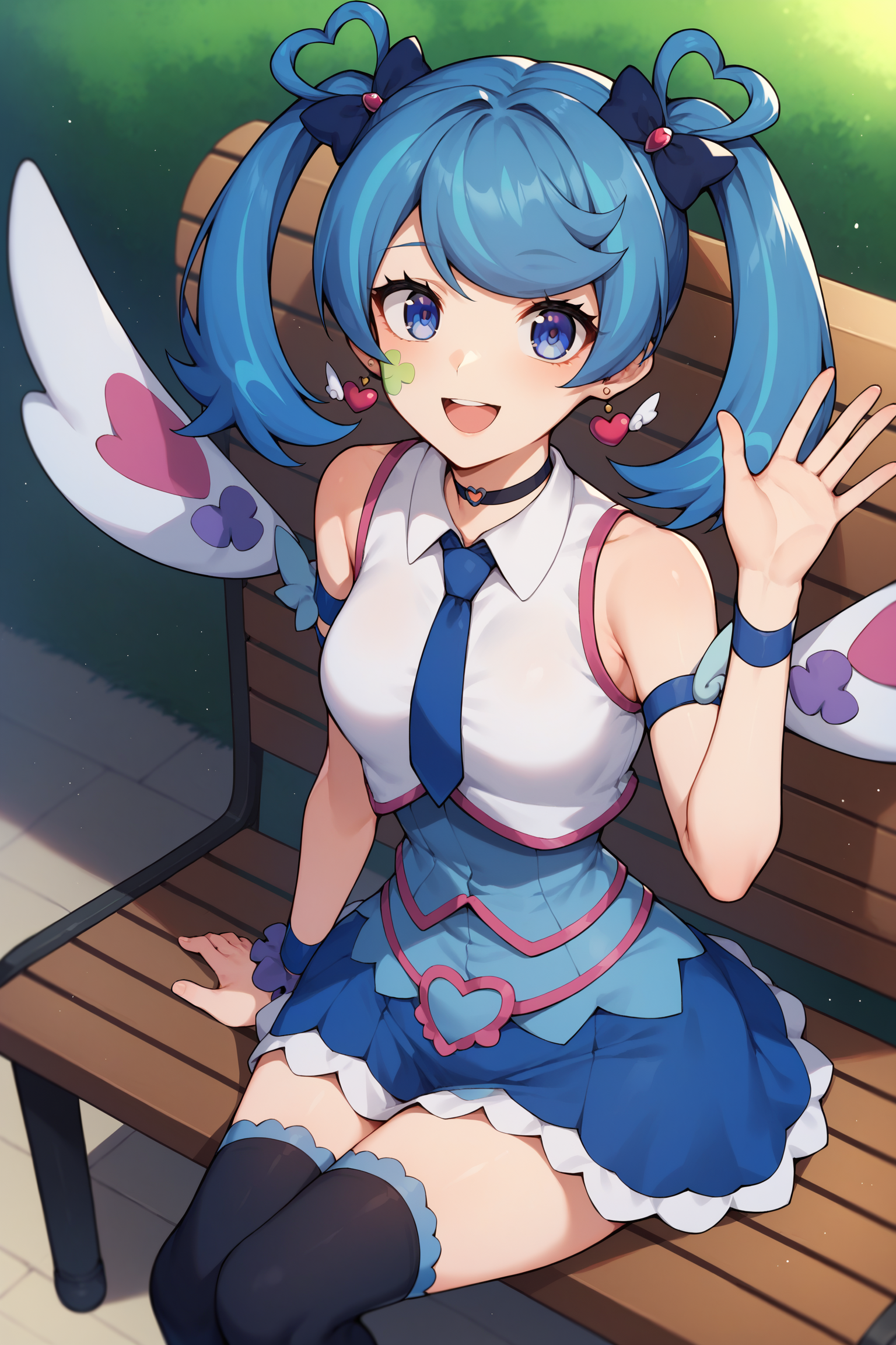 score_9,score_8_up,score_7_up,score_6_up,score_5_up,score_4_up, source_anime, aaangel, twintails, blue hair, hair bow, blue bow, blue eyes, facial mark, heart earrings, wings, heart, choker, blue necktie, sleeveless shirt, white shirt, arm strap, blue skirt, black thighhighs, <lora:blue_angel_XL_v1:0.8>, sitting, bench, waving, smile, open mouth, outdoors