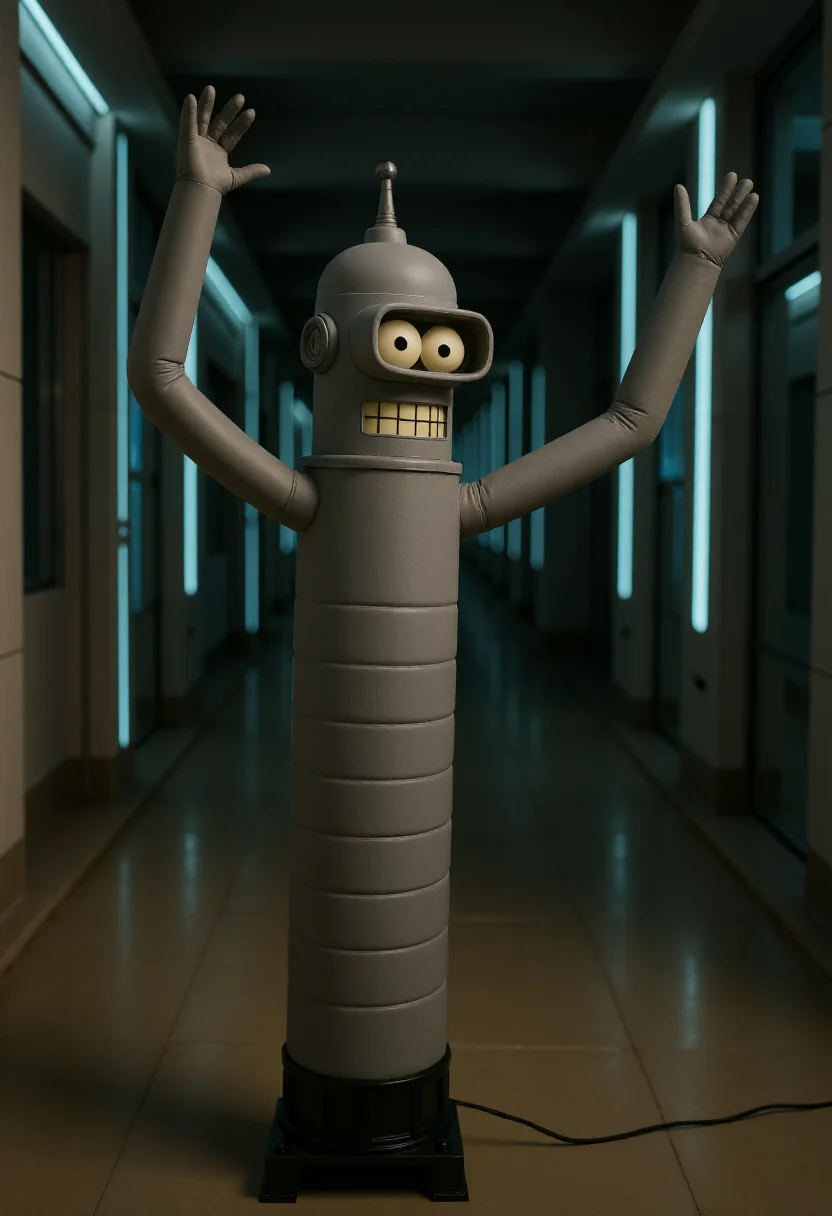 <lora:Wacky_Waving_Inflatable_Arm_Flux_Man-000009:0.9>
The image is a photograph of a very tall, inflatable Bender with wavy raised arms in a scifi setting.