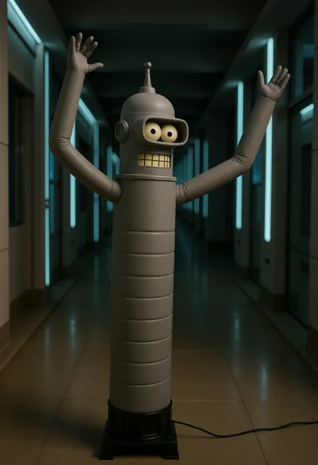 <lora:Wacky_Waving_Inflatable_Arm_Flux_Man-000009:0.9>
The image is a photograph of a very tall, inflatable Bender with wavy raised arms in a scifi setting.