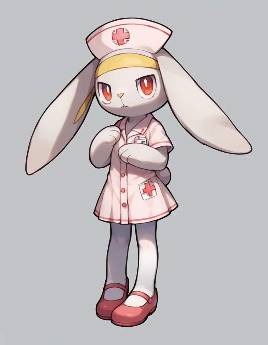 score_9, score_8_up, score_7_up, score_6_up, score_5_up, score_4_up, 1girl, full body, solo,
<lora:Raboot_v0-3:1> raboot, pokemon \(creature\), white fur, droopy ears, rabbit ears, rabbit tail, red eyes, looking at viewer, furry female, yellow hairband,
nurse, nurse-outfit, pink-dress, white-pantyhose, pink-shoes, nurse-cap