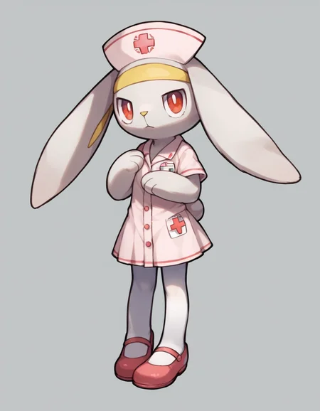 score_9, score_8_up, score_7_up, score_6_up, score_5_up, score_4_up, 1girl, full body, solo,
<lora:Raboot_v0-3:1> raboot, pokemon \(creature\), white fur, droopy ears, rabbit ears, rabbit tail, red eyes, looking at viewer, furry female, yellow hairband,
nurse, nurse-outfit, pink-dress, white-pantyhose, pink-shoes, nurse-cap