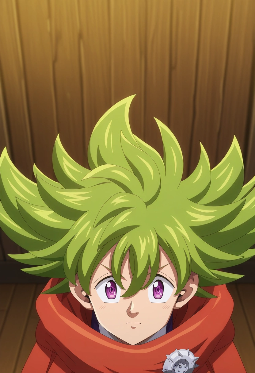 masterpiece, best quality, , anime screencap, anime coloring, official style, looking at viewer, 1boy, solo, male focus, <lora:percival_nnt_mny_ilxl:0.92>, percival_nnt_mny, green hair, purple eyes, spiked hair, hair between eyes, bangs, ,