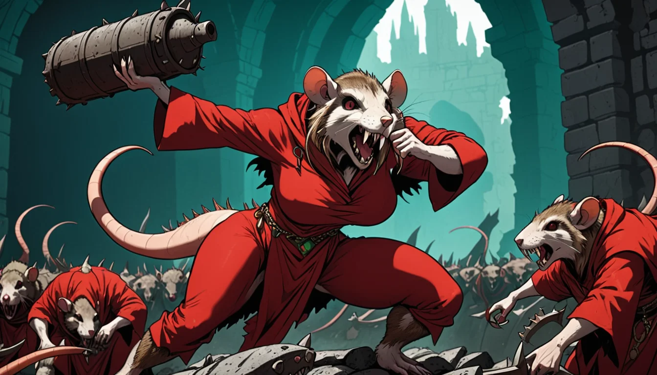 (illustration), Skaven female, large breasts, rat-like humanoid, torn clothes, red robes, comic book \(style\), cel shading, bold outlines, vibrant colors, grimdark \(setting\), dynamic composition, [[splash page]], line art, extremely detailed, warhammer fantasy
<lora:Skaven-000008:1>