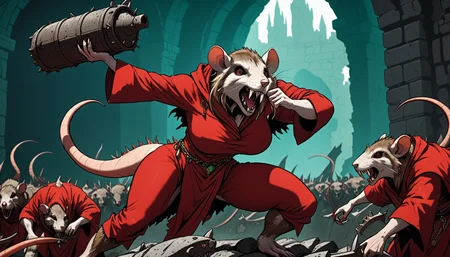 (illustration), Skaven female, large breasts, rat-like humanoid, torn clothes, red robes, comic book \(style\), cel shading, bold outlines, vibrant colors, grimdark \(setting\), dynamic composition, [[splash page]], line art, extremely detailed, warhammer fantasy
<lora:Skaven-000008:1>