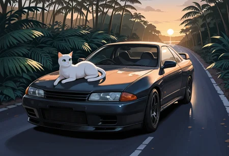 masterpiece,best quality,amazing quality, <lora:Nissan_Skyline_R32_GTR:0.7>white r32gtr,road,jungle,sunset,
BREAK,
1girl, short hair,sexy pose,light smile,cat tail,white cat,