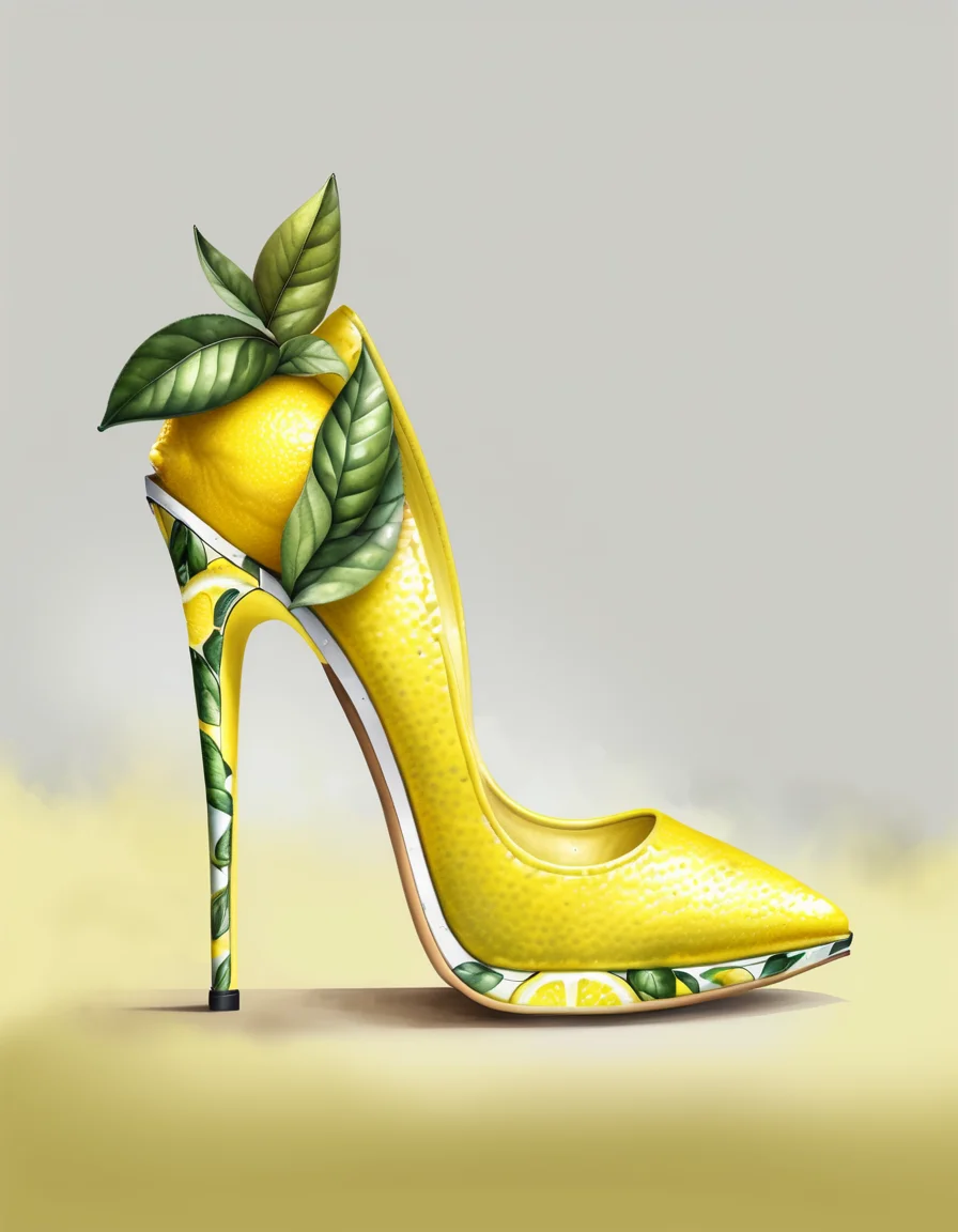 Lemon Themed High Heel Shoe, 8k, digital art, high quality concept design, elegant, intricate details, <lora:FaeStyle:1>
