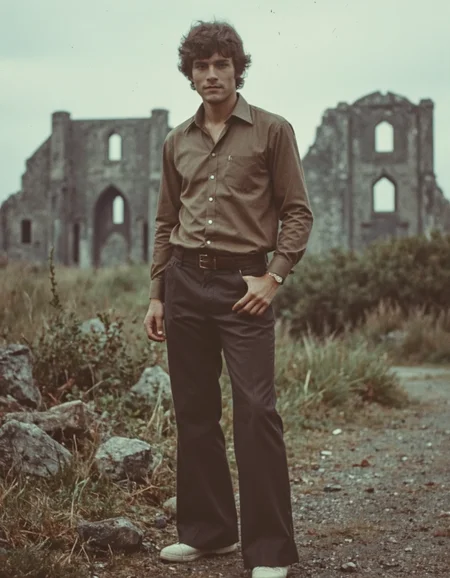 GroovyAesthetica, 1970s style, Using a 35mm lens, take a Kodachrome photograph.
<break>
A male fashion model in a stunning 1970s outfit with casual shirt and flared pants posing. A dark, mysterious, 1970s-style abandoned landscape, with crumbling buildings looming in the background.