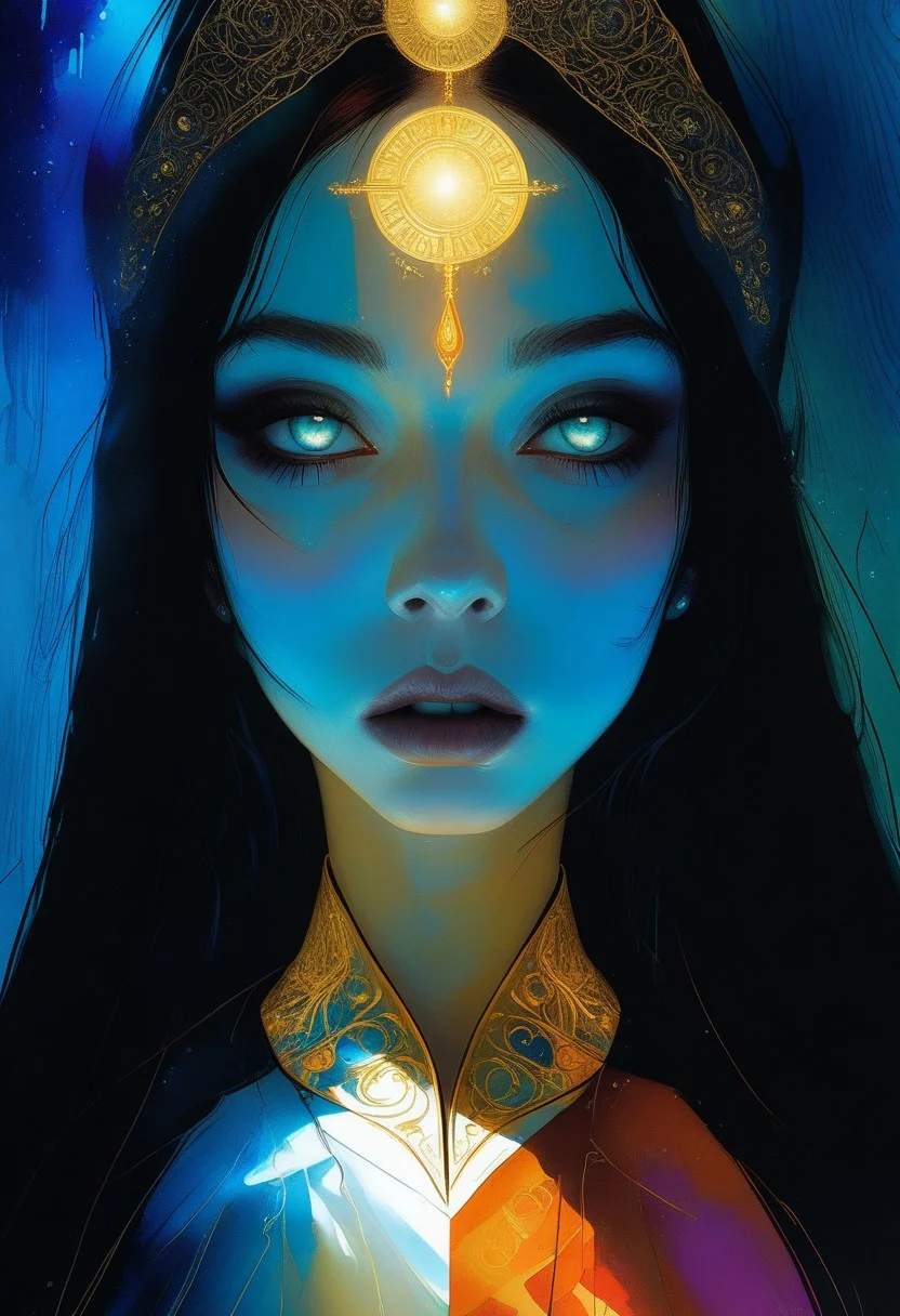 score_9, score_8_up, score_8_up, ((Cinematic composition)),((masterpiece)), (resplendent highlighting), 8k. (Tarot card).
1girl, a beautiful oracle with an open glowing book, a revealing dress with a slit and cut outs, ab crack ((full body)) surreal, intense colors, liquid, unreal parts, alluring, fluid, perfection, gothic. (skin dynamically highlighted), Illustration, (klimt:0.8) (Bill Sienkiewicz:1.5). maximum detail, Chinese watercolor and ink technique. Gold leaf highlights.
<lora:xl_more_art-full_v1:0.4> <lora:epi_noiseoffset2:1>3
