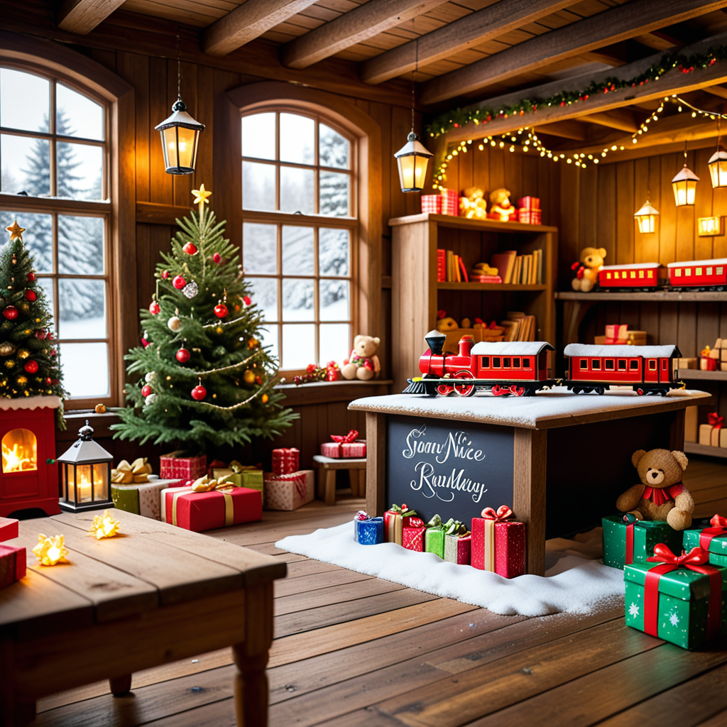 A warm, inviting photograph of Santa Claus's workshop, completely empty yet brimming with festive energy. The room is illuminated by soft golden light from lanterns hanging from wooden beams and a crackling fireplace in the corner. Wooden tables are scattered with tools, paints, and half-assembled toys, including a bright red train, a teddy bear, and colorful wooden blocks. Shelves along the walls overflow with vibrant gift boxes, plush toys, and neatly stacked wrapping paper rolls. The floor is dusted with wood shavings and glitter, adding a sense of activity left behind. Snow-covered windows reveal a faint winter landscape outside, with icicles hanging from the edges. A large chalkboard on one wall lists "Nice & Naughty" names in festive handwriting. The air feels magical, as though the elves just stepped out for a break, leaving the workshop frozen in a perfect holiday moment.<lora:SDXLFaeTastic2400:0.4> <lora:extremely_detailed:0.4> extremely detailed,, Masterpiece,best quality,hi res,8k,hi res,8k,award winning,(sharp focus, intricate, highly detailed),