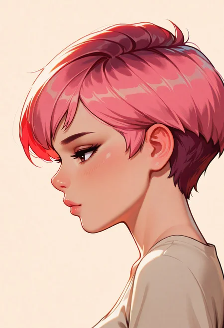 chibi, high contrast, masterpiece, best quality, amazing quality, very aesthetic, retro artstyle, realistic, promotional art, newest, volumetric lighting.
(artist:incase:0.5), (artist:tsuaii:0.5), color theory,
1girl, face,solo, straight-on, focus on face, side view, profile, Pixie cut, pink hair, luminescent background, simple background.