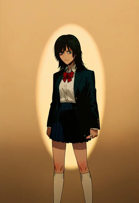 score_9, score_8_up, score_7_up, source_anime, anime screencap, cinematic film still of <lora:Kill Bill style:1> Cinematic film image of Gogo Yubari a woman in a skirt and jacket,1girl,solo,long hair,looking at viewer,bangs,skirt,shirt,black hair,long sleeves,,school uniform,white shirt,pleated skirt, white socks,red bowtie, Kodak film grain, dramatic light, dramatic shadow light, contrast, saturated color, cinematic, filmic, motion picture, realistic, realism, perfection, perfect, deep focus, clean image, Kill Bill style, Kill Bill Film Style, shallow depth of field, vignette, highly detailed, high budget, bokeh, cinemascope, moody, epic, gorgeous, film grain, grainy, (cowboy shoot:1.3)