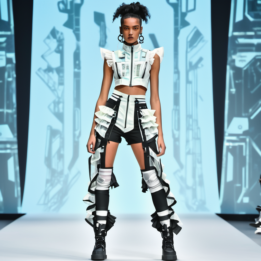lower body clothing, Voile, ,  Slim Fit, Natural Waist,  Typography,Ruffles,,Slit Details,,Front Pockets,,Two-Piece Set, Corset Closure,,Bleached Wash,  , cyberspace,sci-fi, tech,<lora:DonMCyb3rSp4c3XL-000010:0.85>