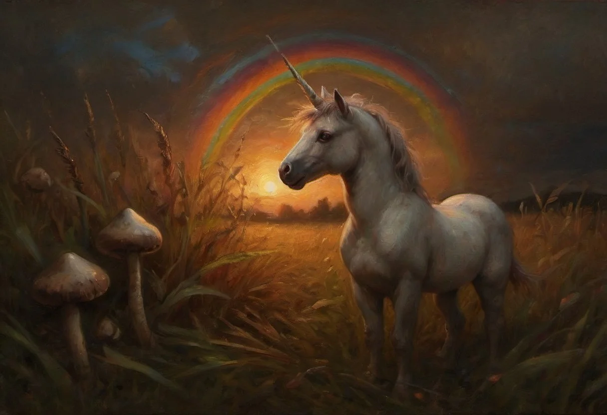 a painting of a very small unicorn surrounded by dark-grasshrooms, long grass, the sunset sky is ablaze with colorful ((((rainbow swirls)))), blurry foreground, depth of field, sidelight, dark, low key, backlit, dark-grasshrooms