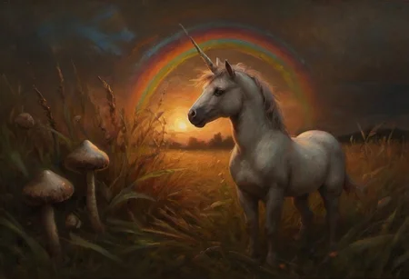a painting of a very small unicorn surrounded by dark-grasshrooms, long grass, the sunset sky is ablaze with colorful ((((rainbow swirls)))), blurry foreground, depth of field, sidelight, dark, low key, backlit, dark-grasshrooms