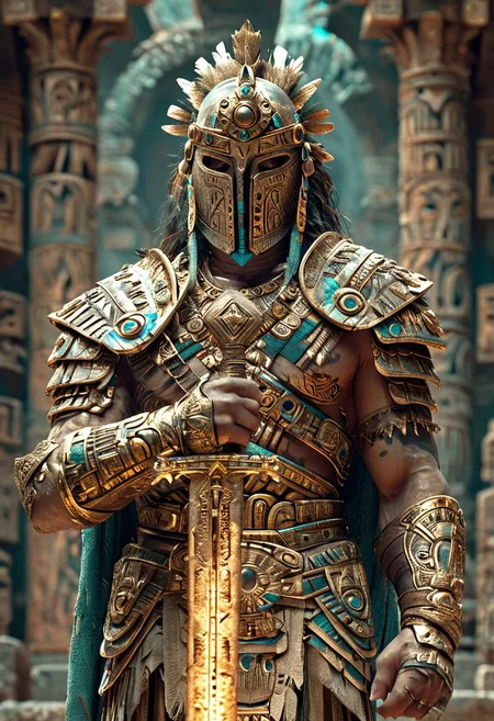man  stands,native Aztec inspired, ancient Aztec empire, edgy elements,  ancient american azetc ,Quetzalcoatl inspired , gothic accessories, incorporating traditional american inca
 ,,holding a  sword,mask,colorfull,glowing ,,character,vibrant colors and depth, showcasing