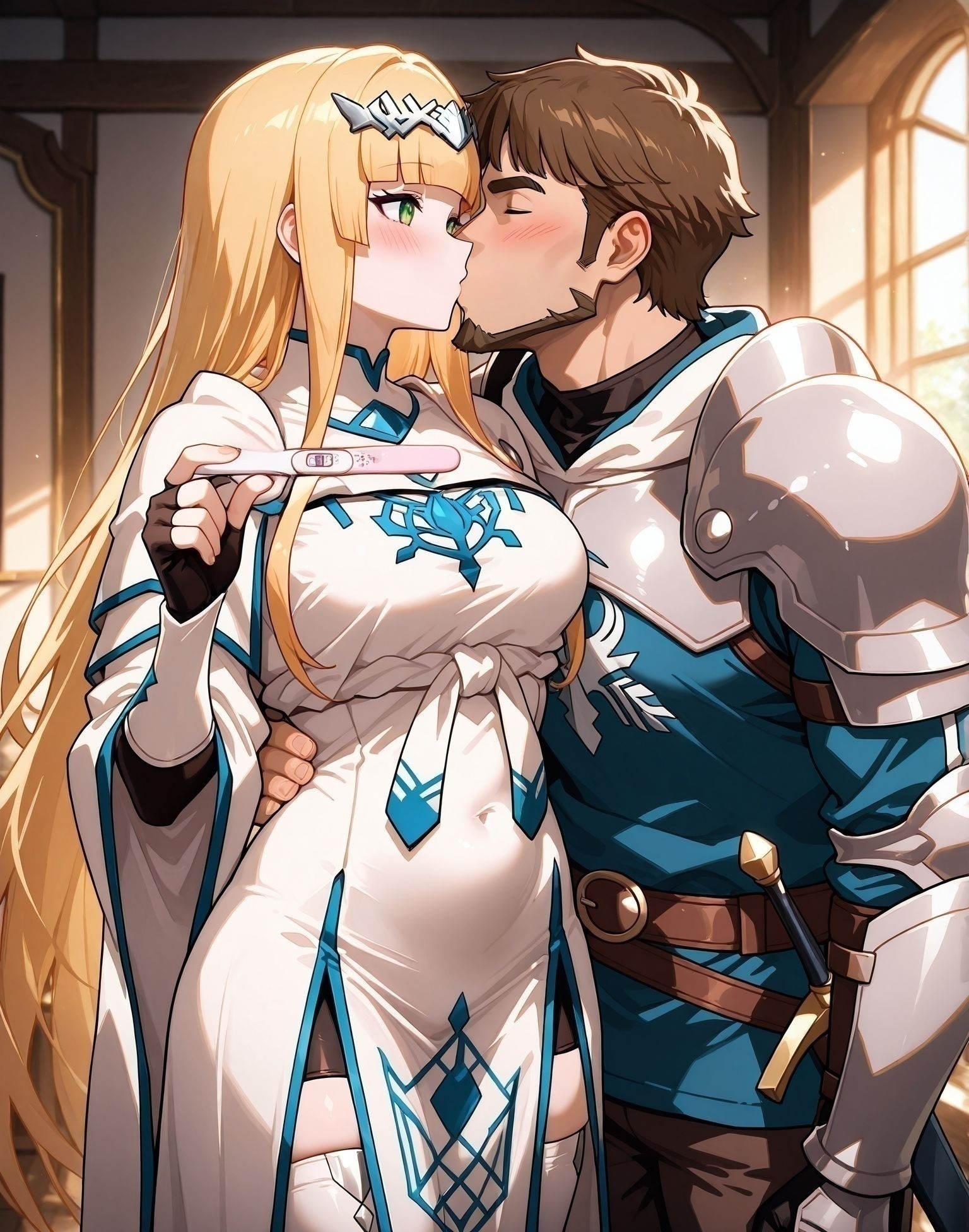 masterpiece,best quality,amazing quality,very aesthetic,absurdres,newest, huge filesize,
<lora:spo_sdxl_10ep_4k-data_lora_webui:0.5>, 
<lora:add-detail-xl:1> overlord,official art, 
anime screenshot,  
<lora:Pregnancy test_illustrious_V1.0:0.8> 
1girl, 1man,hetero, 
pregnancy test, holding, smile, blush, cuddling, kiss, 
BREAK
1girl, 1man,hetero, 
pregnancy test, holding, smile, blush, cuddling, kiss, 
 sidelocks,   blunt bangs,   hair ornament , 
white robe, blue mark in  chest,   long sleeves,white fingerless gloves, 
long hair. green eyes,  white dress,
blonde hair female , long skirt,
white dress, milf,
thighhighs.
o_calca, human female,long blackout curtain,
<lora:overlord_The_Sacred_Kingdom_V1:0.7>
overlord_V1,
BREAK
1girl, 1man,hetero, 
pregnancy test, holding, smile, blush, cuddling, kiss, 
weapon,armor,short hair,  
sword,brown hair,
short hair,shoulder armor, male focus, 
full body,
boots,gloves,pauldrons,
sheath,belt, , blue eyes,
o_Isandro,   muscular male, messy hair, thick eyebrows,beard,
