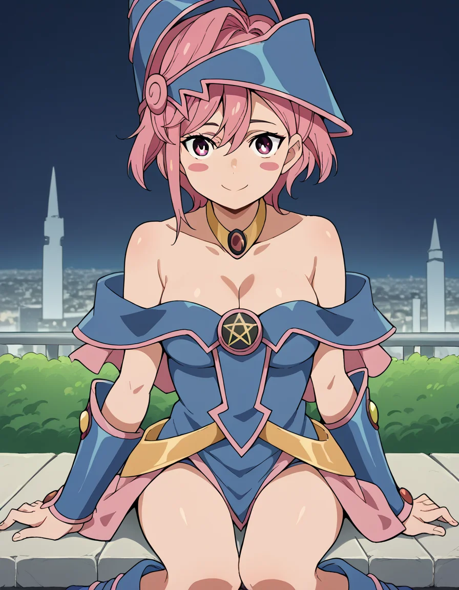 score_9, score_8_up, score_7_up, source_anime, <lora:aira-shiratori-alpha-ponyxl-lora-nochekaiser:1>, aira shiratori, short hair, bangs, hair between eyes, pink hair, pink eyes, medium breasts, <lora:dark-magician-girl-cosplay-ponyxl-lora-nochekaiser:1>, dark magician girl cosplay, dark magician girl (cosplay), bare shoulders, blue footwear, blush, blush stickers, cleavage, collarbone, duel monster, hat, off shoulder, pentacle, wizard hat,, outdoors, cityscape, sitting, smile, blush, cowboy shot, looking at viewer, , dutch angle, cowboy shot