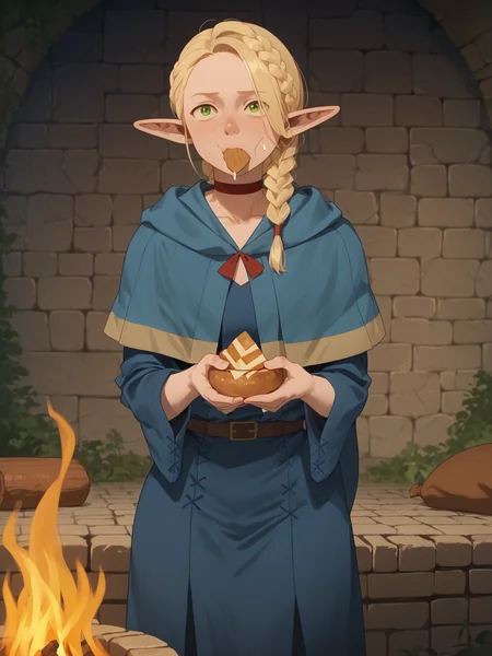 score_9, score_8_up, score_7_up, score_6_up, 1girl, solo, elf, Marcilledonato, (angular face), food, eating, single braid, blue robe, capelet, choker, campfire, stone dungeon, waterfall in background, (bright blue:0.5), very clear image, detailed character design, ultra-high resolution, perfectly composed, clear, breathtaking attention to detail, highres, ultra detail, 8k wallpaper,