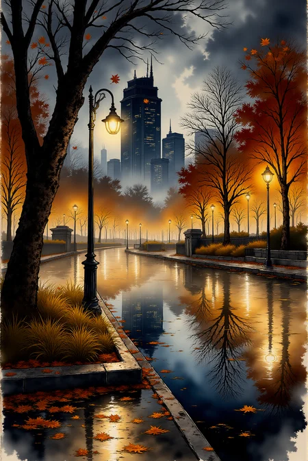 <lora:Vibrant_watercolor_v.22:0.9> Watercolor sketch style. A moody urban landscape unfolds under a stormy sky, with towering skyscrapers and gothic architecture looming in the distance. Raindrops streak diagonally across the scene, blurring city lights into golden reflections shimmering on the wet pavement. Vibrant orange autumn leaves are scattered across the ground, their edges curling from the dampness, adding a striking contrast to the steel-gray environment. Bare branches reach into the misty air, and distant street lamps cast a soft, melancholic glow, evoking the cinematic atmosphere of a rainy evening in an anime-style neo-noir setting.