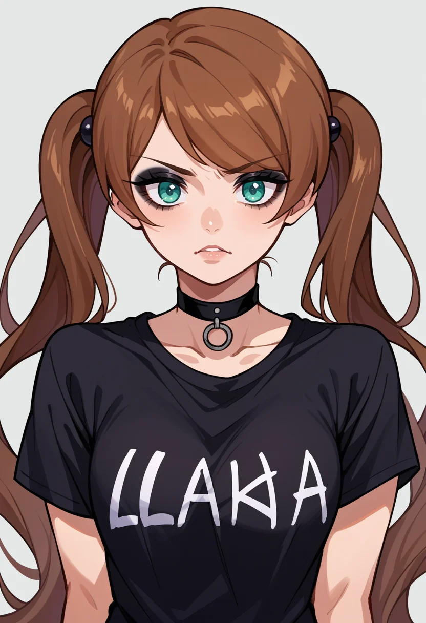 score_9, score_8_up, source_anime, 1girl, solo, LuluYurigasaki, aqua eyes, brown hair, long hair, twintails, black shirt, t-shirt, black choker, goth, eyeliner, eyeshadow, <lora:ChamLuluYurigasakiPonyXL:1>