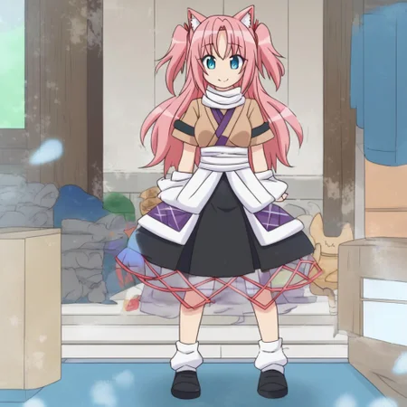 himea, 1girl, long hair, red hair ribbon, two side up, cat ears, cat tail, muscular, brown jacket, short sleeves, black shirt, white scarf, white arm warmers, white sash, multicolored clothes, layered skirt, black skirt, white socks, black footwear, cute smile, standing, full body