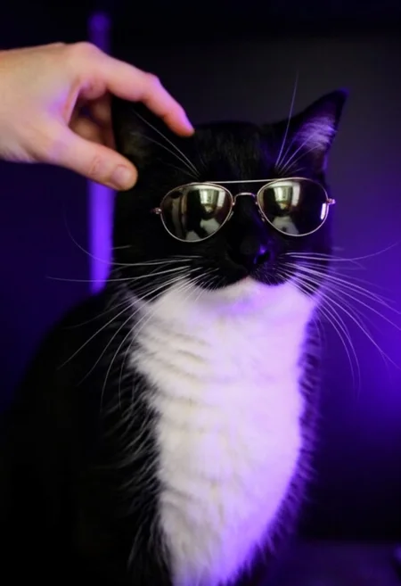 A sleek black-and-white cat sits confidently, wearing reflective sunglasses that gleam under neon light. As a hand gently reaches towards the top of its head, the fur softly ruffles, illuminated by the surrounding purple glow. The cat’s poised expression doesn’t waver, and the [neon lights | reflective sunglasses] cast a futuristic contrast against the serene, tender moment of touch. The gentle motion of the hand BREAK enhances the contrast between the cool, stylish atmosphere and the warmth of this subtle connection.